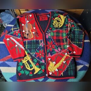 Vtg River Art Knit Cardigan Sweater Womens Large Musical Instruments Band 90s